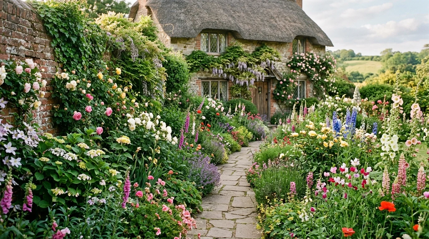 A wooden garden gate opening into an enclosed English garden room filled with flowers and clipped greenery, no people