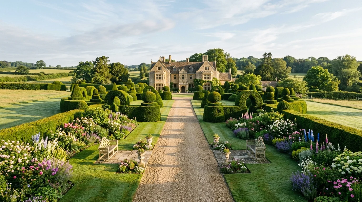 An English garden with a long lawn axis, topiary accents, and soft perennial borders in full growth, no people