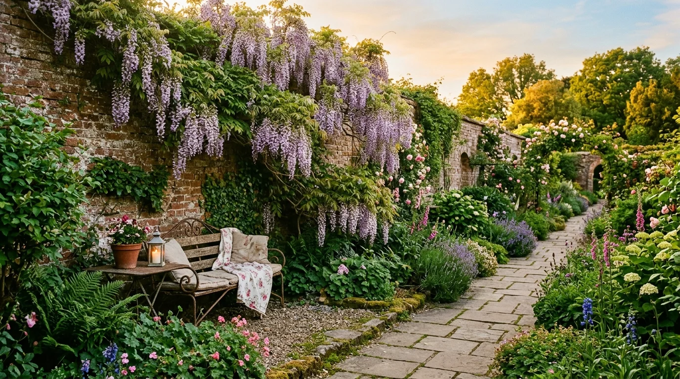 A stone terrace at an English home edged with potted herbs, climbing roses, and lush floral planting, no people
