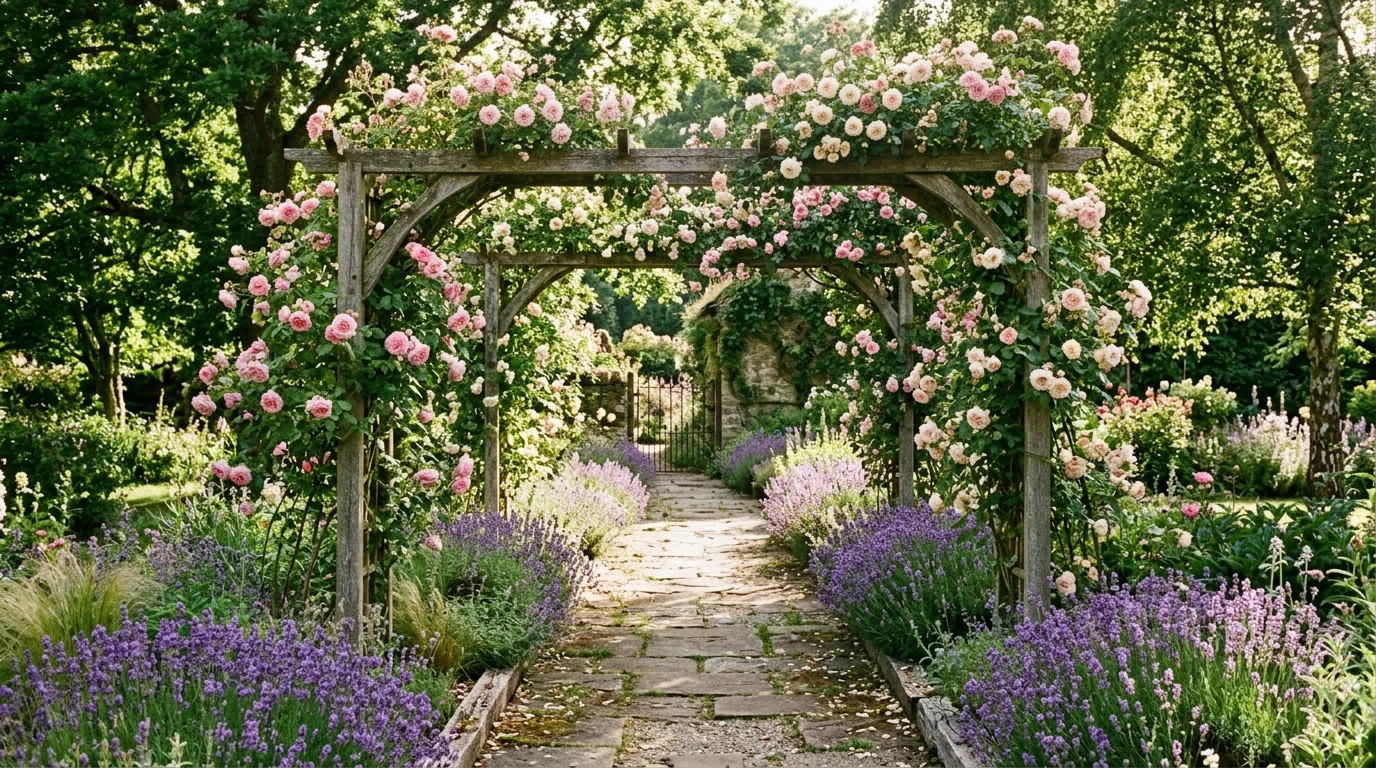 A front lawn with English-style island beds of peonies, clipped box shapes, and layered seasonal flowers, no people