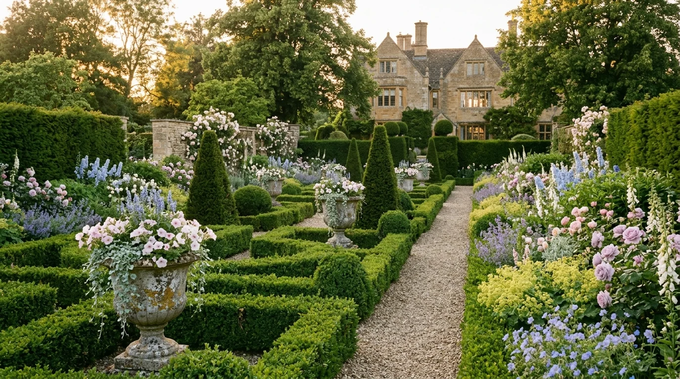 A brick garden wall with espaliered plants and layered English cottage border flowers, no people