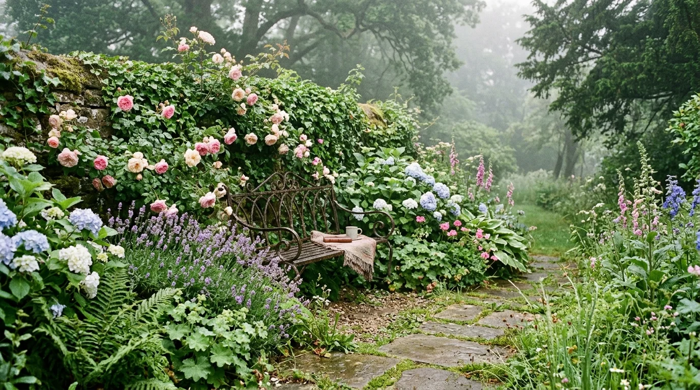 An elegant English border of white blooms and silver foliage glowing softly at dusk, no people