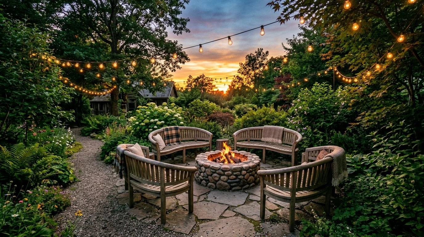 An outdoor seating lounge under a pergola with deep cushions, layered planting, and open garden views, no people