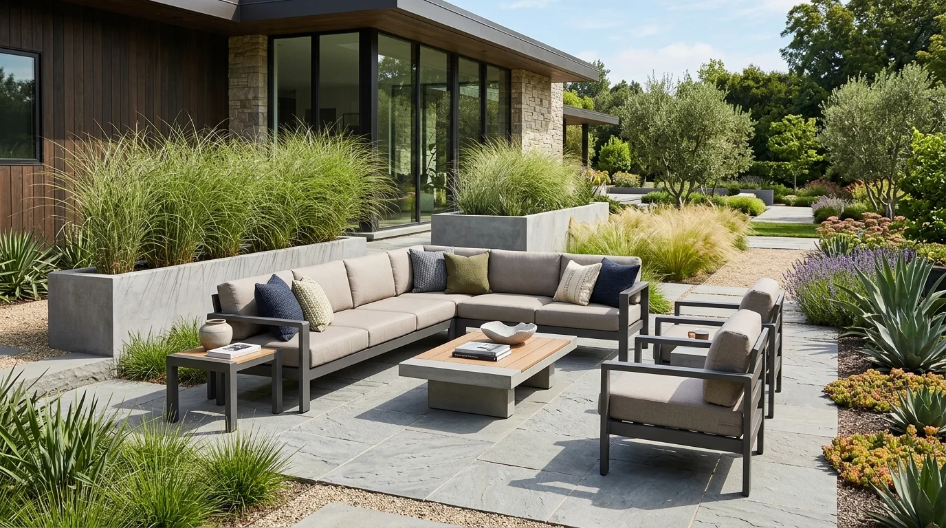 A circular fire pit seating area with outdoor chairs, gravel base, and surrounding garden planting at dusk, no people