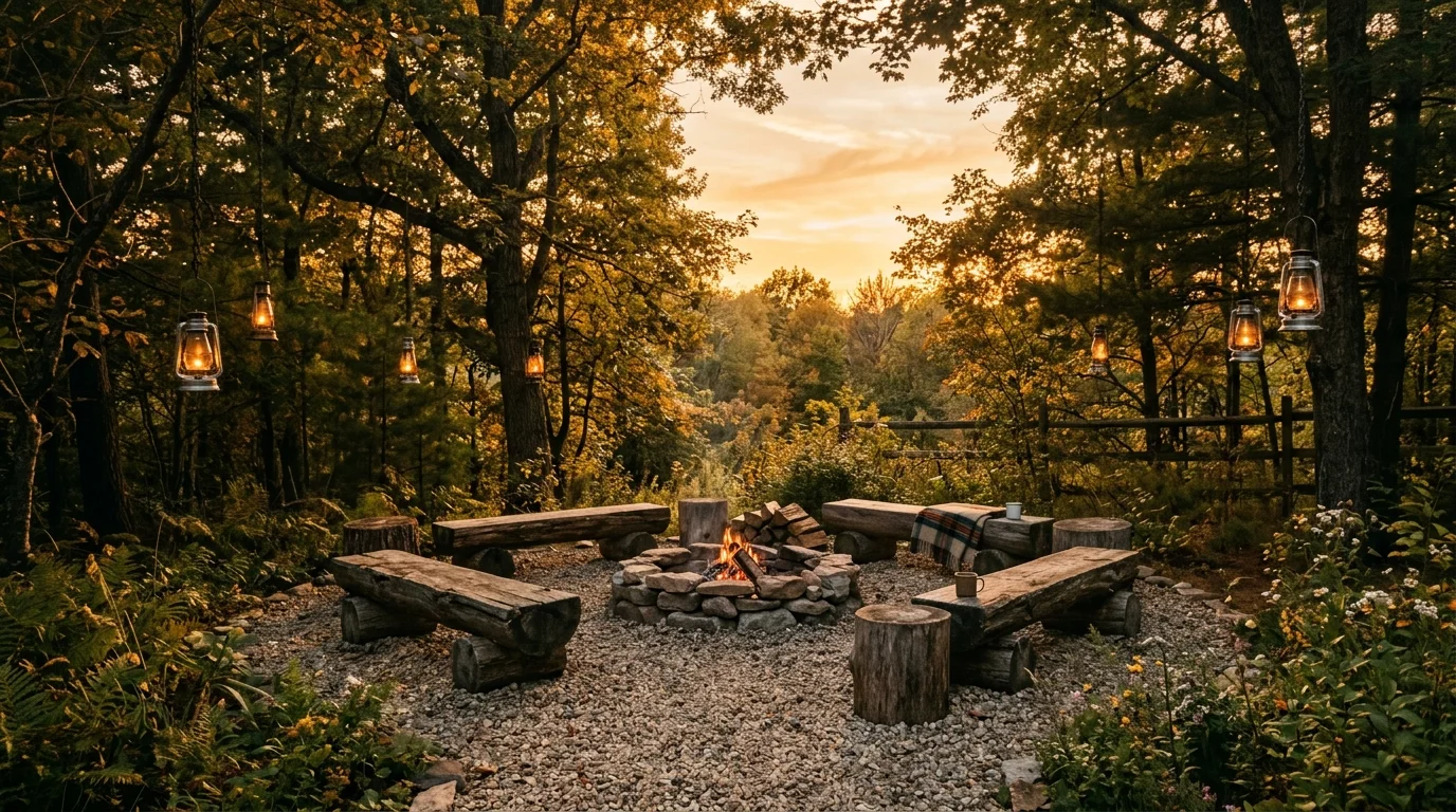 A stone terrace dining nook with chairs, table, and border planting wrapping the edges, no people
