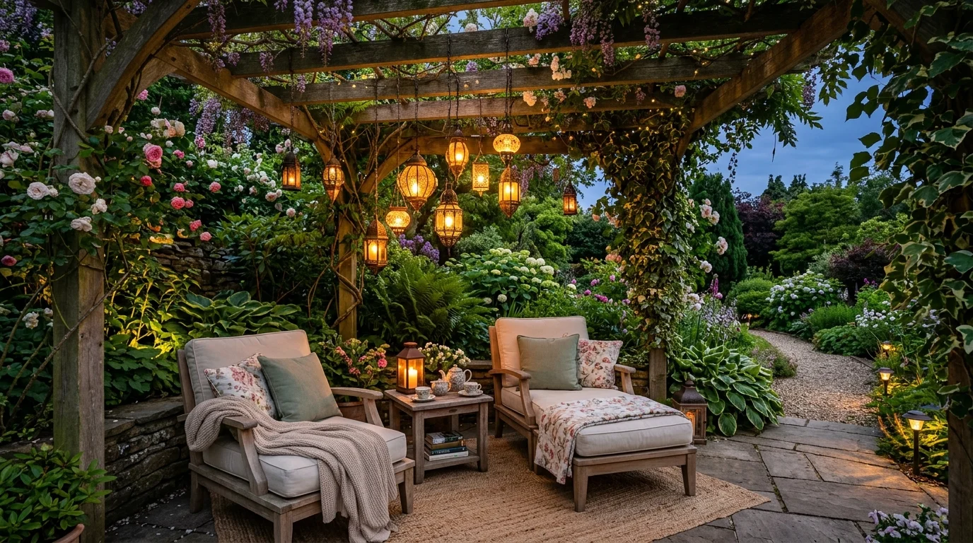 A courtyard with a built-in bench wall, layered planters, and warm garden styling for outdoor seating, no people