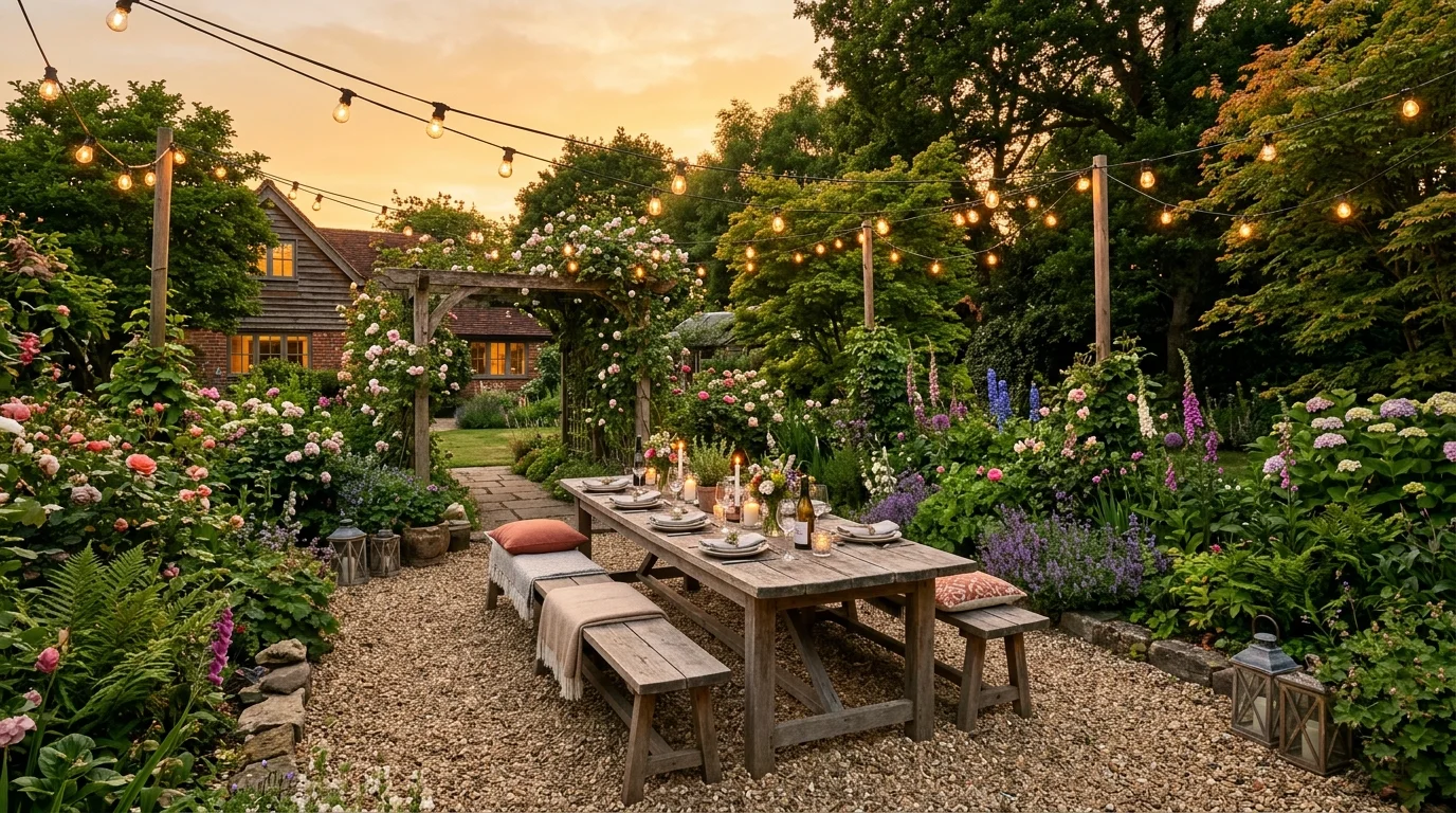 A sunken outdoor seating area with stone edging, cushions, and intimate surrounding planting, no people