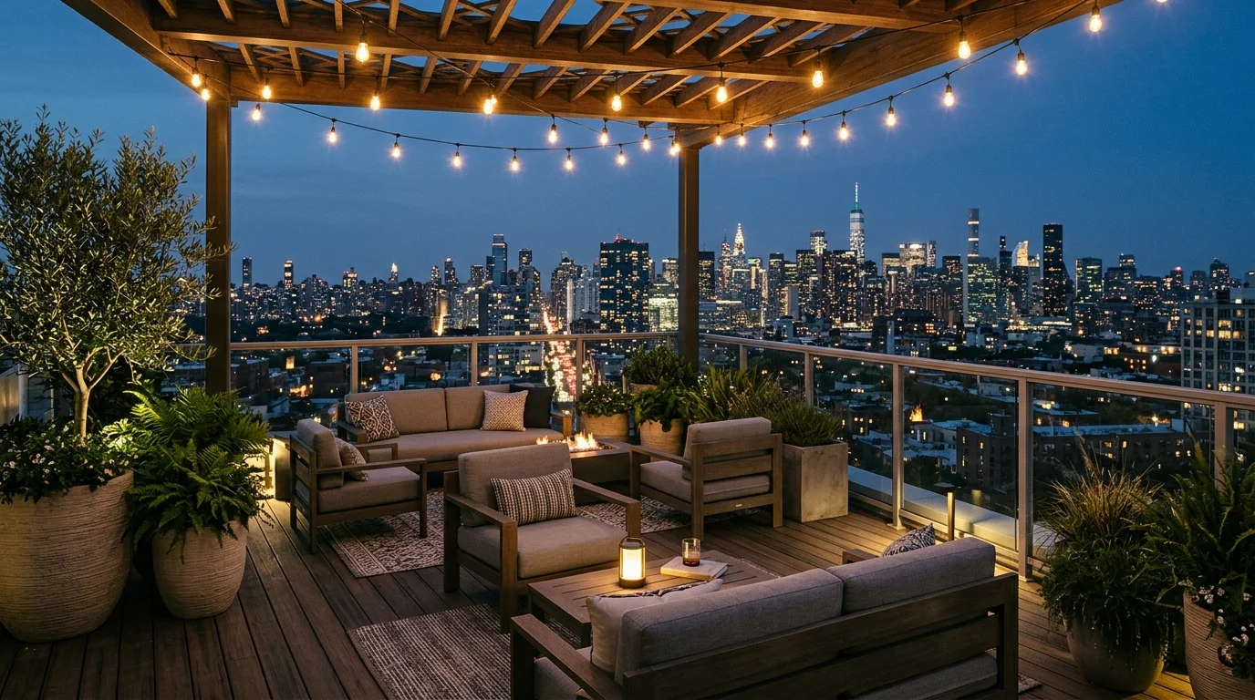 A cabana-style outdoor lounge with curtains, cushioned seating, and lush planting around it, no people