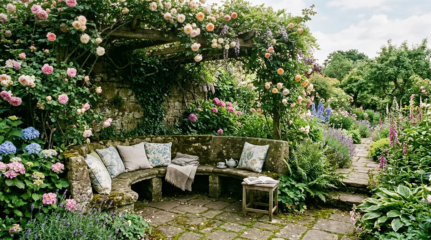 A long outdoor communal table set beneath trees with garden planting and relaxed entertaining atmosphere, no people