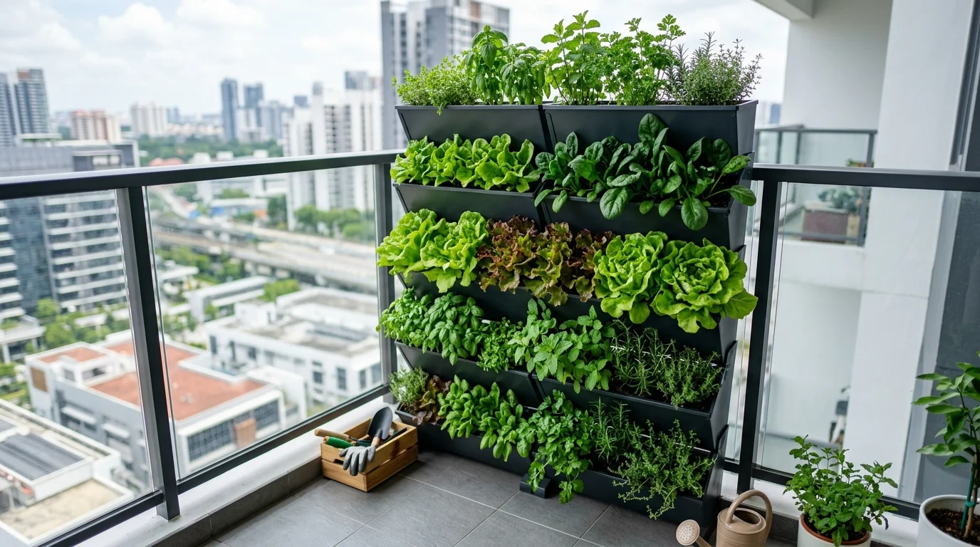 A compact balcony garden with stacked vertical planters growing lettuce, spinach, and herbs in lush green layers, sleek railing backdrop with blurred city skyline, bright natural daylight, clean modern aesthetic, captured from a slightly elevated angle, no people