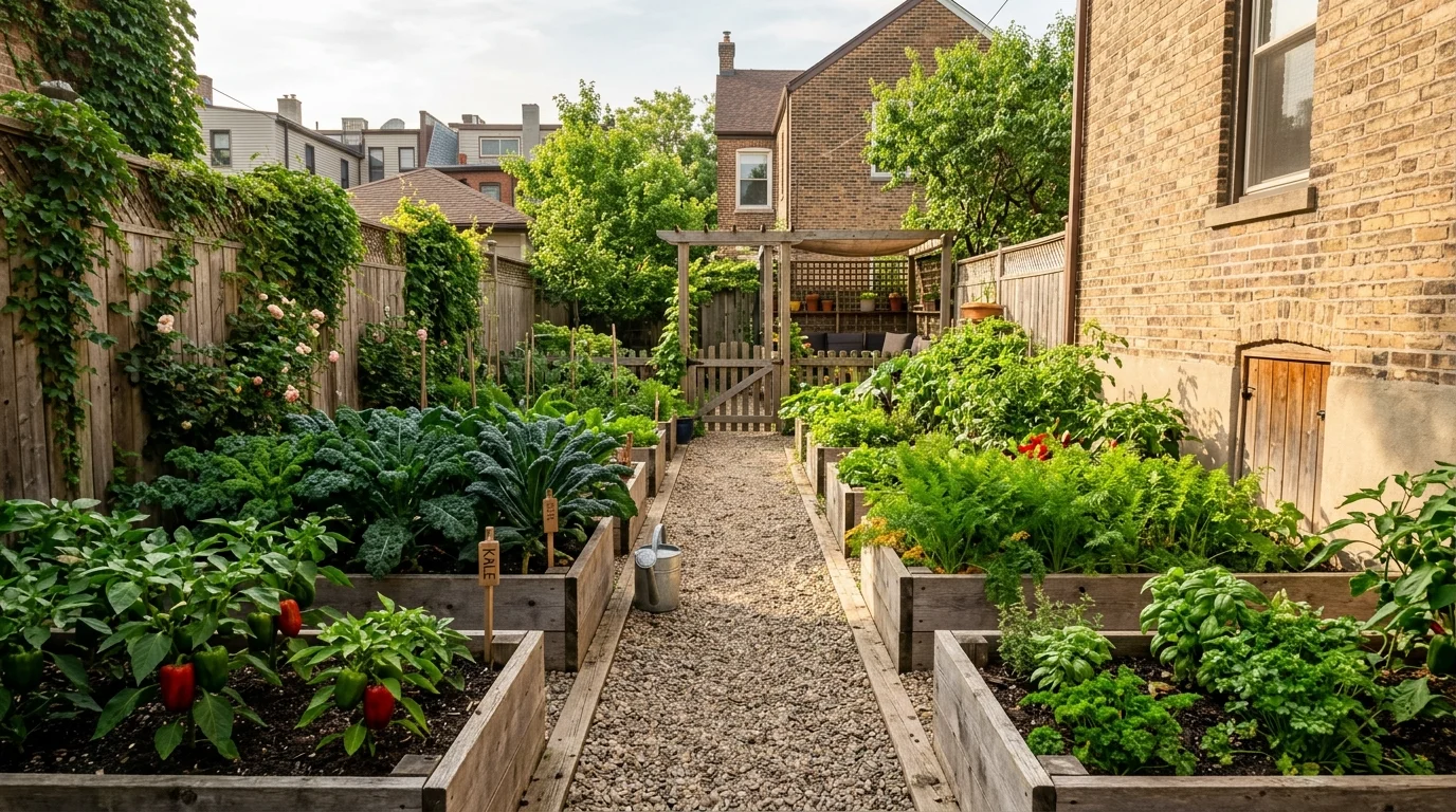 A narrow urban backyard with raised wooden beds arranged in parallel rows, filled with thriving vegetables like kale, carrots, and peppers, gravel pathway between beds, warm morning sunlight casting soft shadows, photographed from a centered perspective, no people