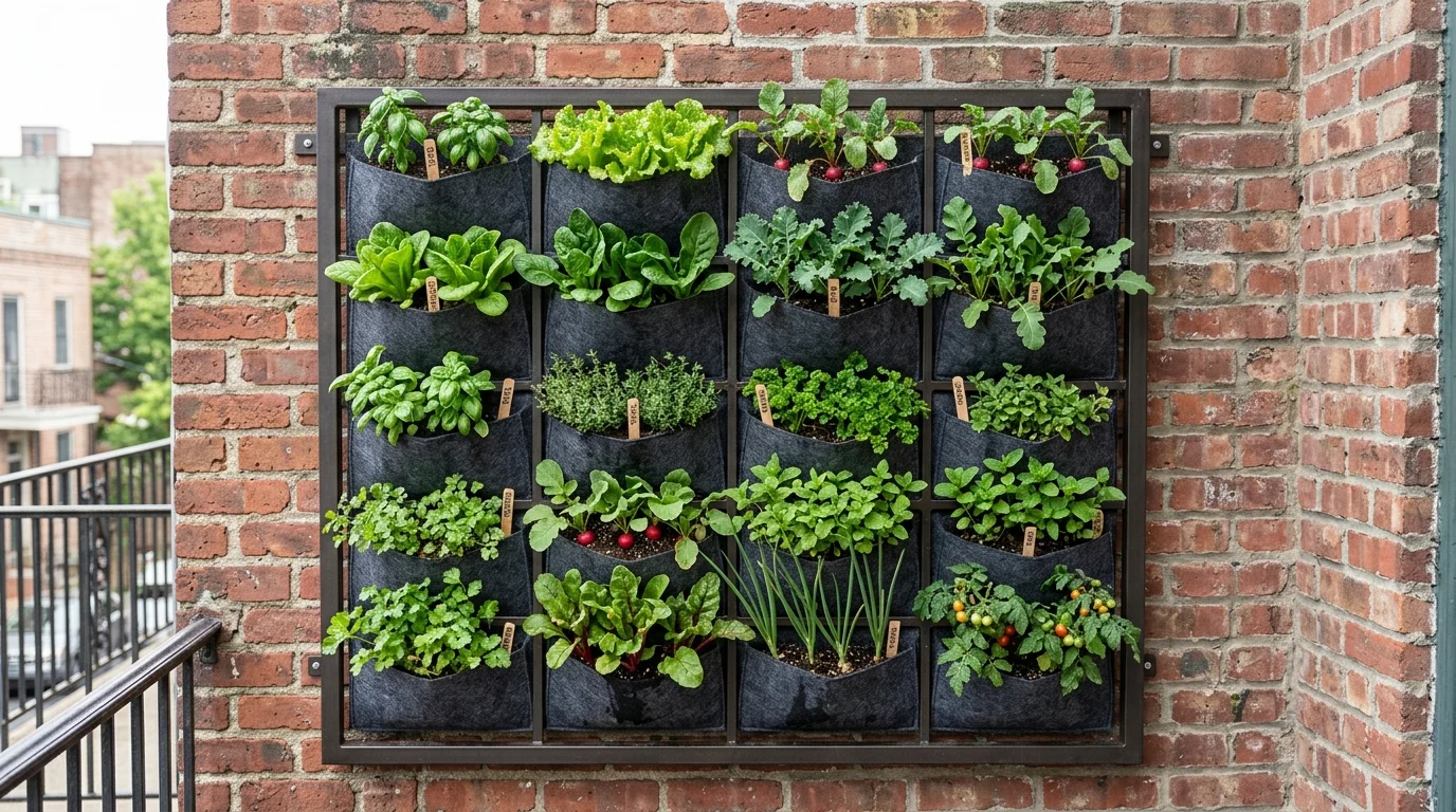 A wall-mounted vertical garden system with pockets of leafy greens and small vegetables like radishes and herbs, dark metal frame contrasting vibrant foliage, urban brick wall background, diffused daylight, shot straight-on for symmetry, no people