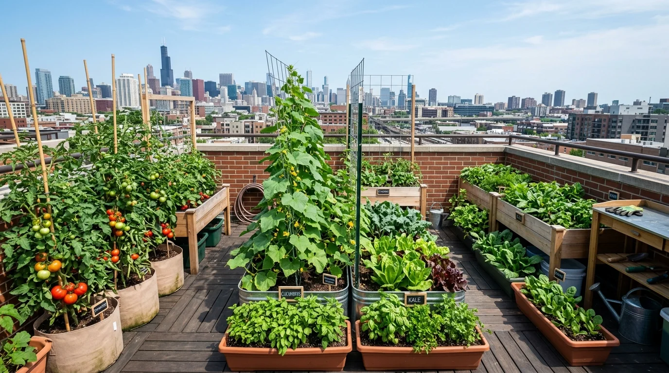 A rooftop garden with compact container planters growing tomatoes, cucumbers, and leafy greens, arranged efficiently across a small space, skyline visible in the background, bright midday sunlight, wide-angle shot capturing the full layout, no people