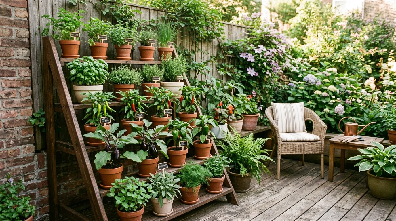 A small patio garden with tiered wooden shelving holding pots of vegetables like peppers, eggplants, and herbs, organized vertical design, textured wooden deck flooring, soft afternoon light, captured from a side angle, no people