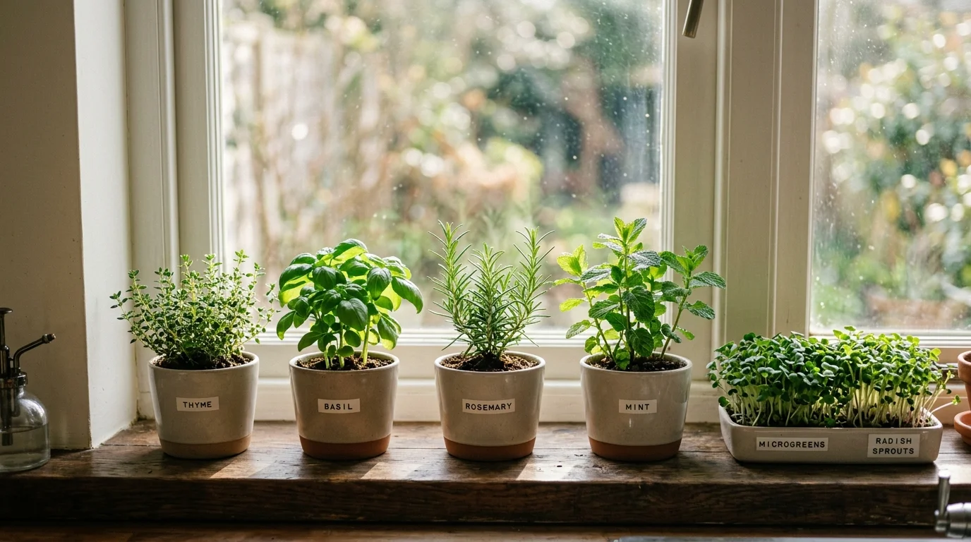 A minimalist indoor kitchen garden with small pots of herbs and microgreens on a windowsill, sunlight streaming through glass illuminating fresh green textures, neutral tones and clean arrangement, close-up shot with shallow depth of field, no people