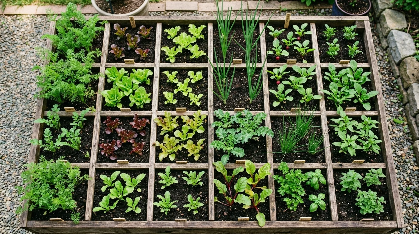 A compact raised bed divided into square sections using a grid layout, each section planted with different vegetables like carrots, lettuce, and onions, rich dark soil, bright natural light, photographed from a top-down perspective, no people