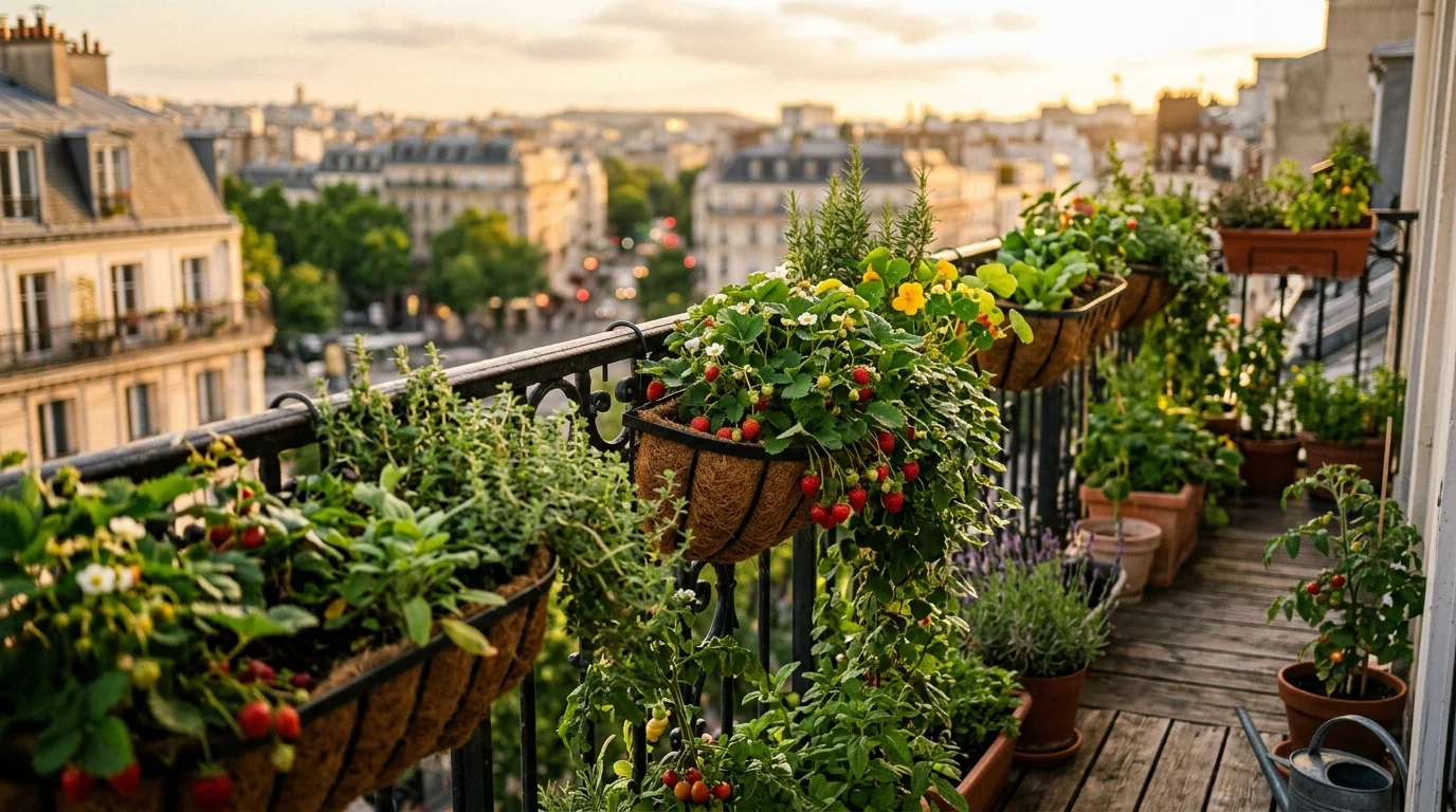 A balcony railing garden with hanging planters growing strawberries, herbs, and small vegetables, cascading greenery over the edge, urban background softly blurred, golden hour lighting, captured from a slightly angled viewpoint, no people