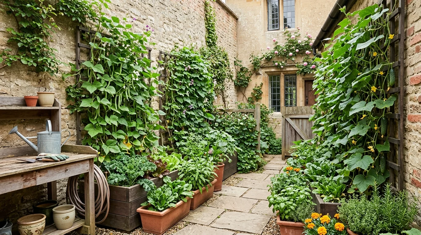 A small courtyard garden with vertical trellis panels supporting climbing vegetables like beans and cucumbers, ground-level planters below, enclosed by neutral walls, bright diffused daylight, shot from a corner angle for depth, no people