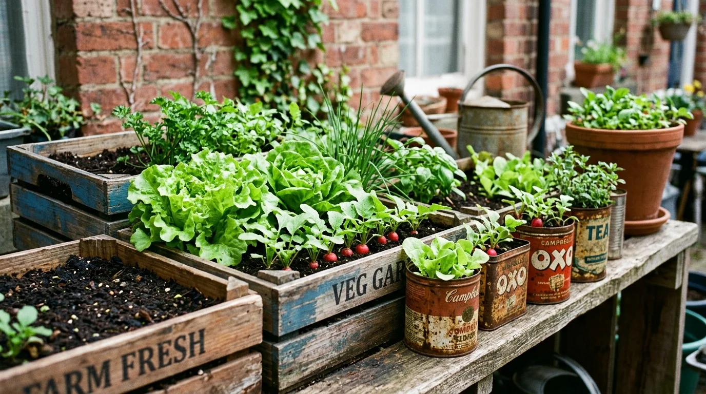 A recycled container garden using wooden crates and metal tins to grow mixed vegetables like lettuce and radishes, rustic textures with vibrant greenery, outdoor urban setting, soft natural light, captured from a close angled perspective, no people
