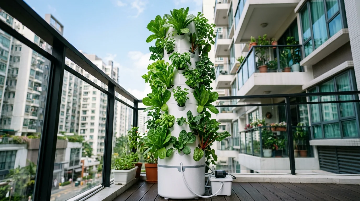 A hydroponic vertical tower garden growing leafy greens in a compact cylindrical structure, clean white design with evenly spaced plants, modern urban balcony setting, bright daylight highlighting fresh growth, shot from a low angle, no people