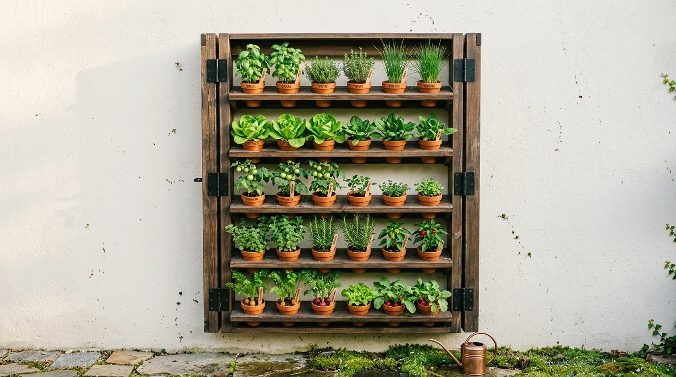 A foldable wall-mounted garden setup with hinged shelves holding small vegetable pots, space-saving design against a plain wall, mix of greens and small crops, soft morning light, photographed straight-on with balanced composition, no people