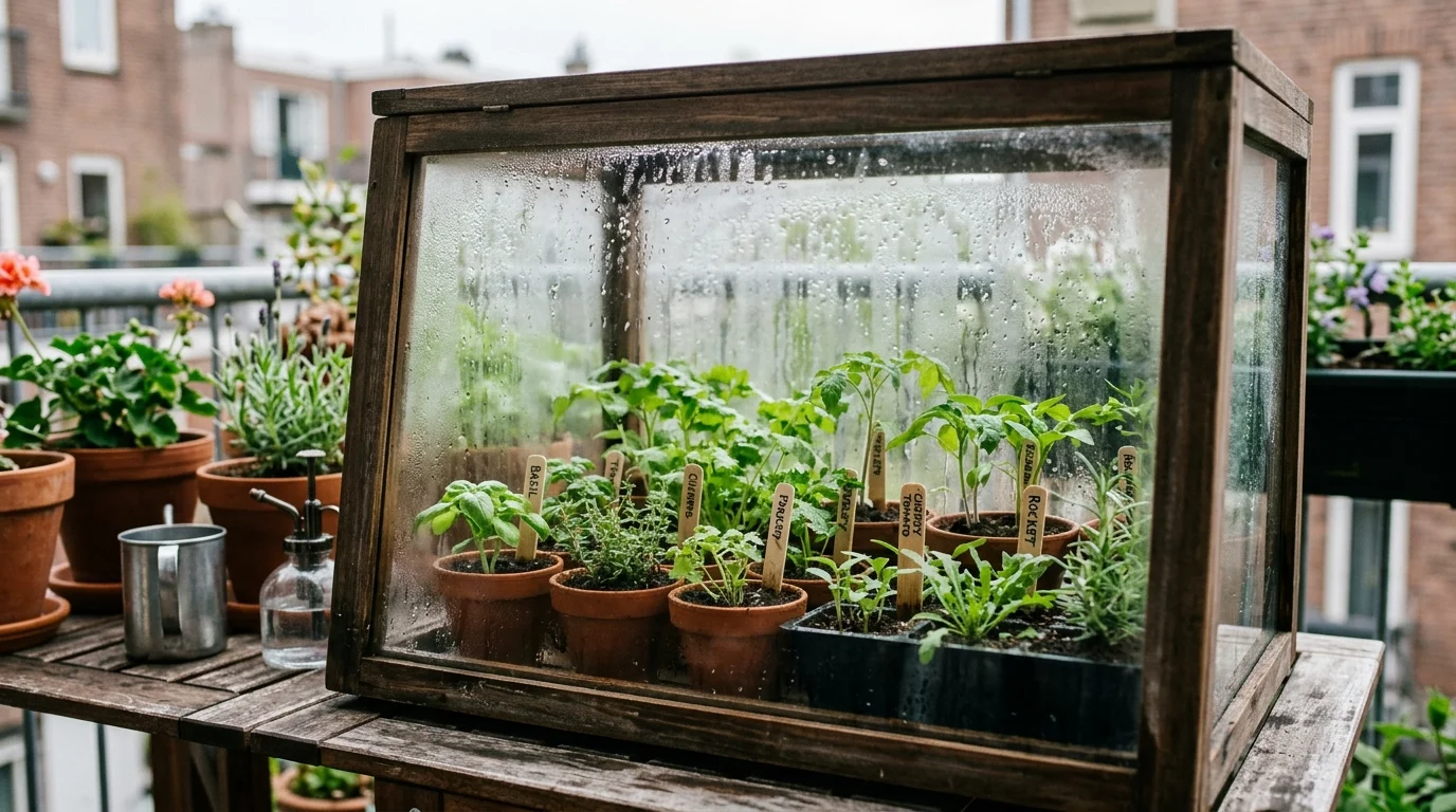 A small greenhouse cabinet on a balcony with glass panels enclosing neatly arranged vegetable seedlings and herbs, condensation visible on glass, lush green interior, diffused sunlight, close-up shot with detailed textures, no people