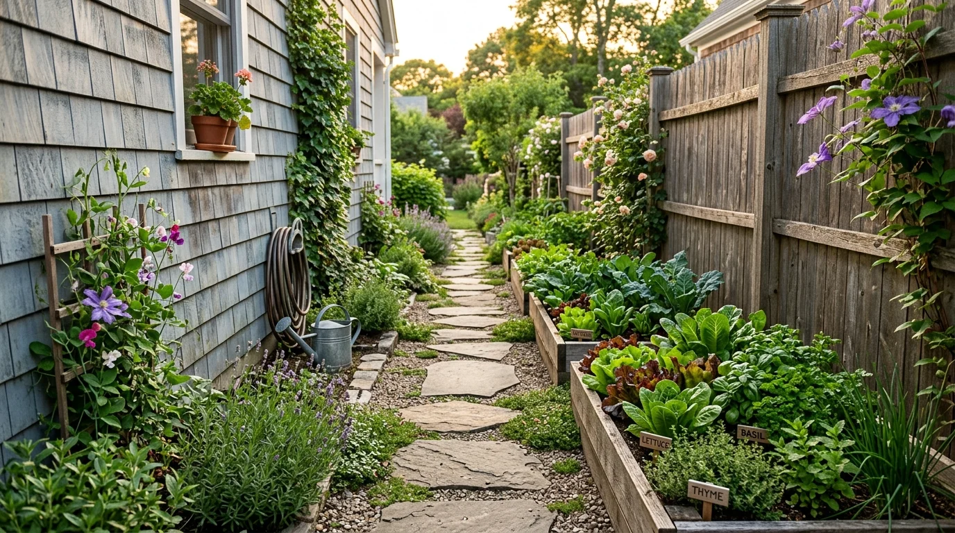 A narrow side-yard garden with slim raised beds along a fence, growing compact vegetables like lettuce and herbs, stepping stone path running through, soft evening light creating gentle shadows, captured from a linear perspective, no people