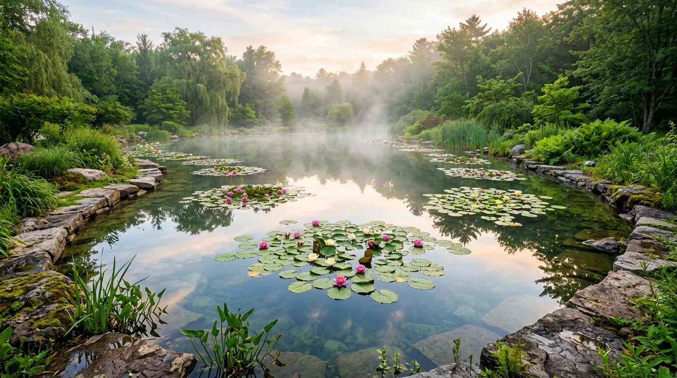 A natural pond bordered by meadow planting, weathered stone, and soft green reflections in a peaceful landscape, no people