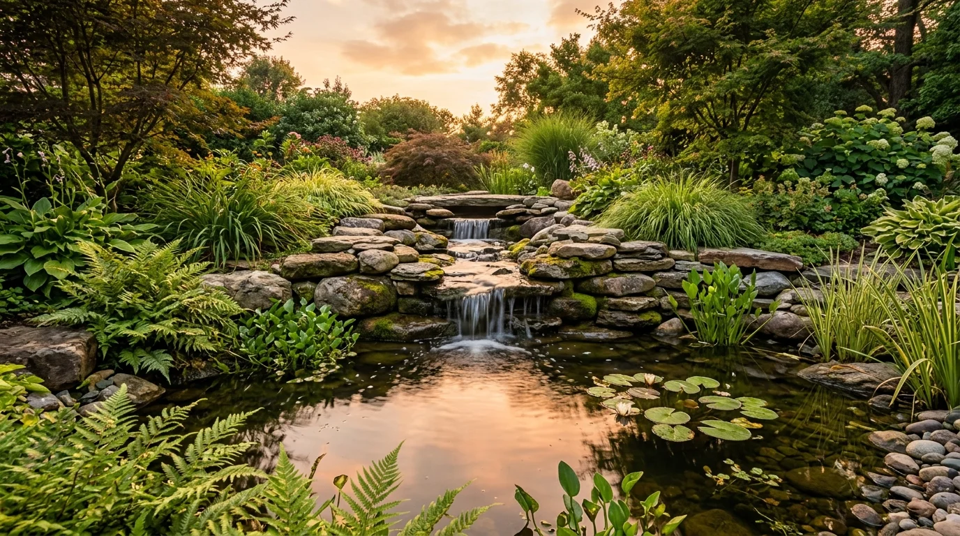A formal reflective pond with clipped hedges, symmetrical layout, and still water in a structured garden, no people