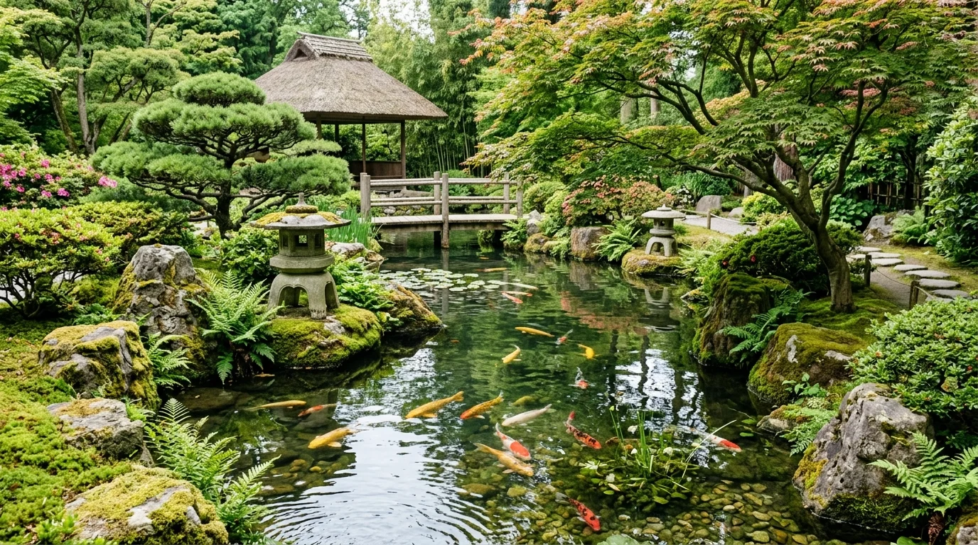 A koi pond landscape with stone coping, shade plants, and clear water in a refined backyard setting, no people