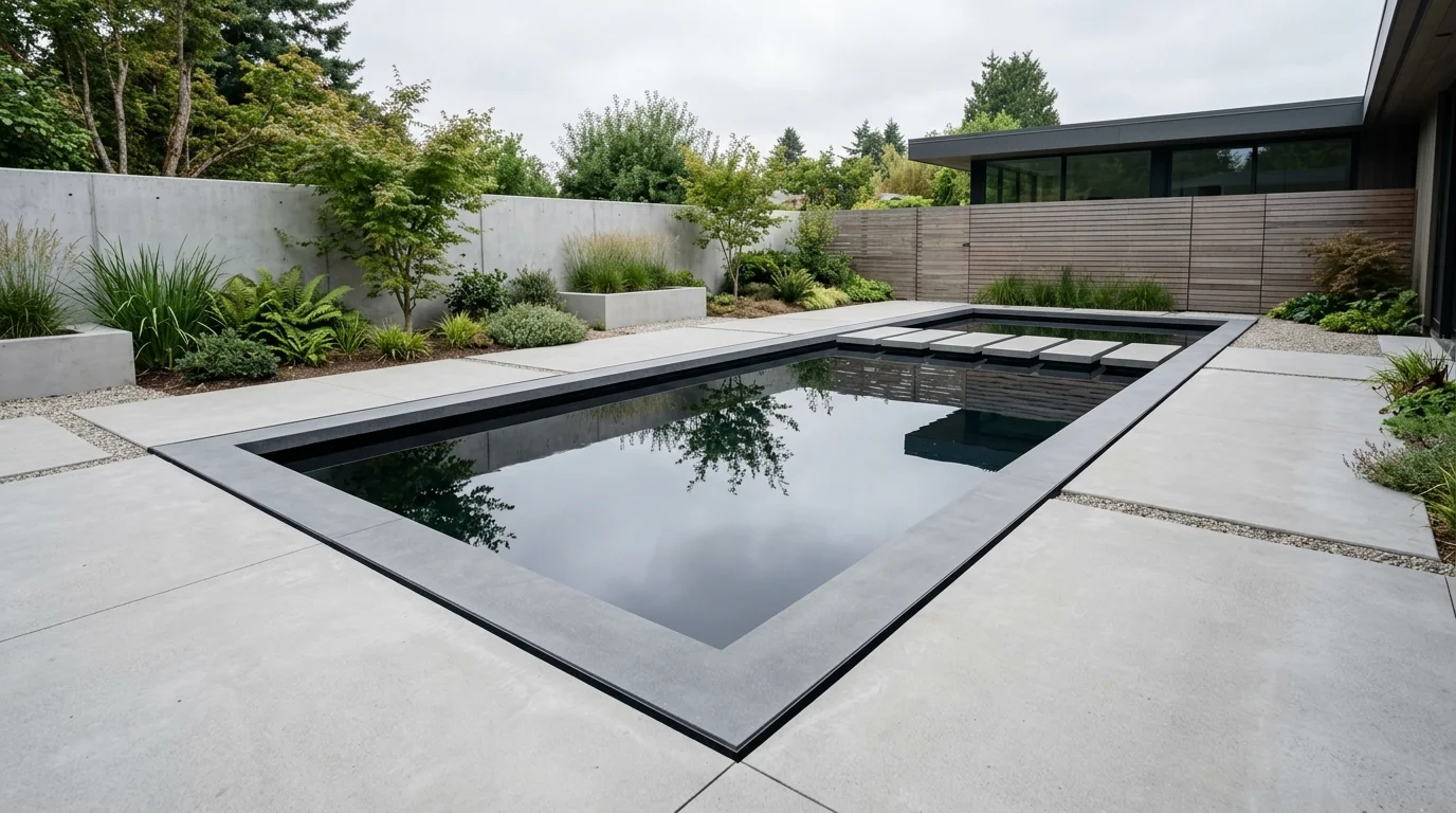 A terraced pond garden with low retaining walls, layered viewpoints, and lush planting around the water, no people