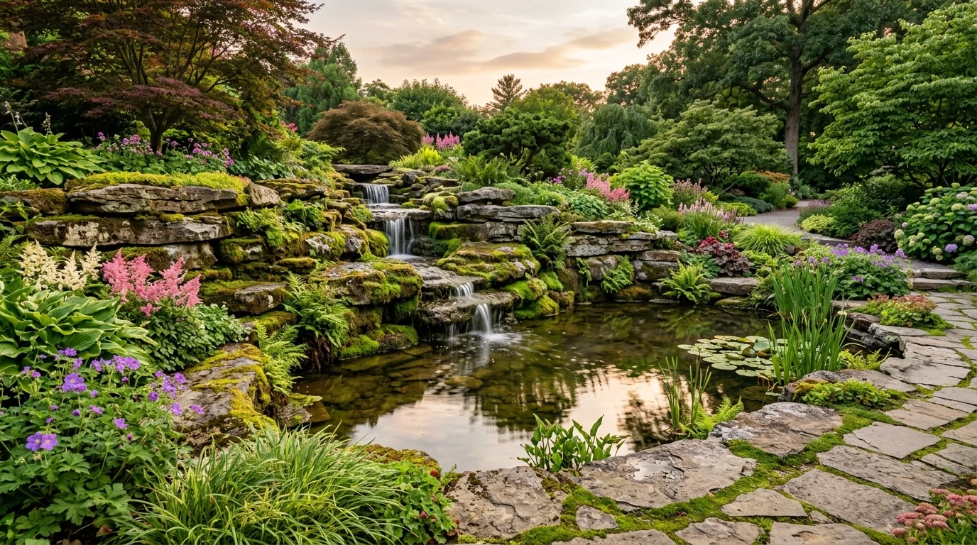 A cottage-style pond wrapped in flowers with stepping stones and soft reflections in the water, no people