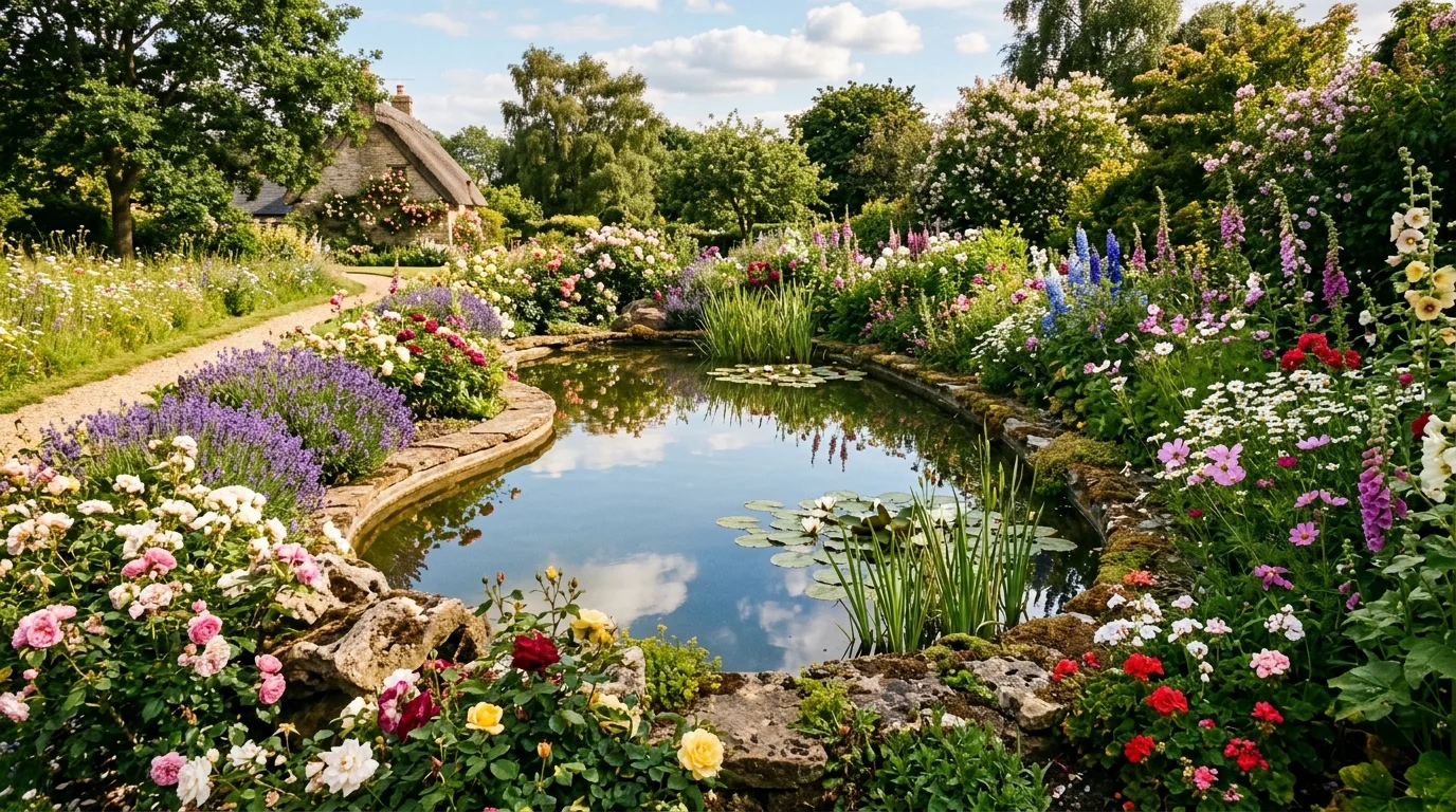 A pond with a waterfall built into a rocky slope and surrounded by rich planting in a backyard landscape, no people