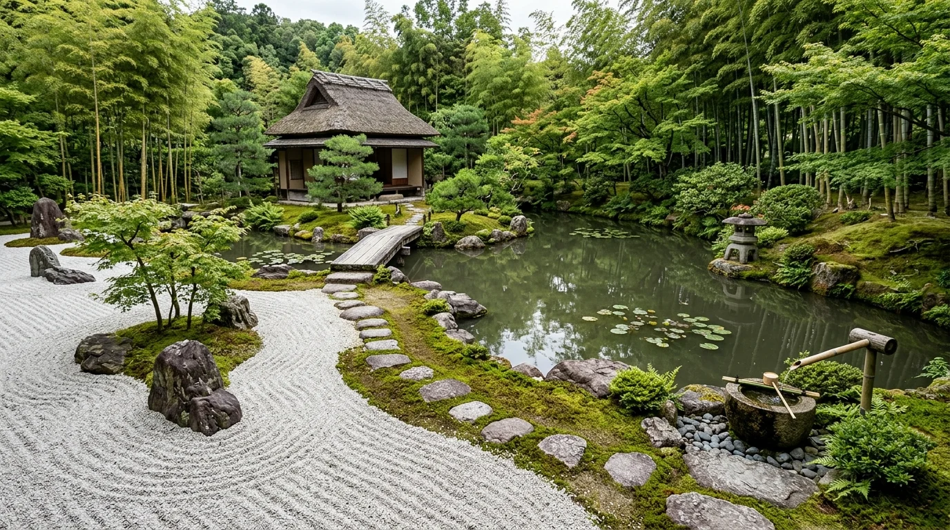 A wildlife pond with native planting, soft natural edges, and a lightly untamed garden setting, no people
