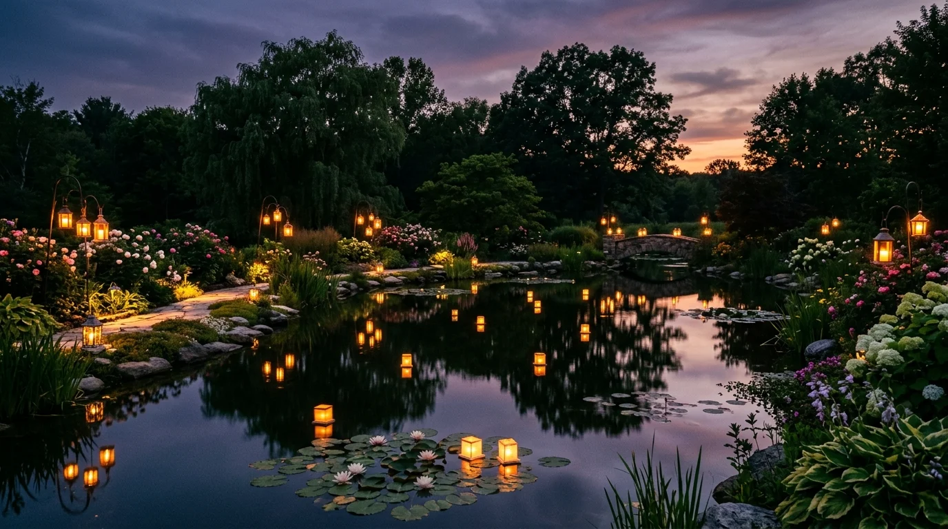 A moon garden pond with pale flowers, gentle lighting, and reflective water at dusk, no people