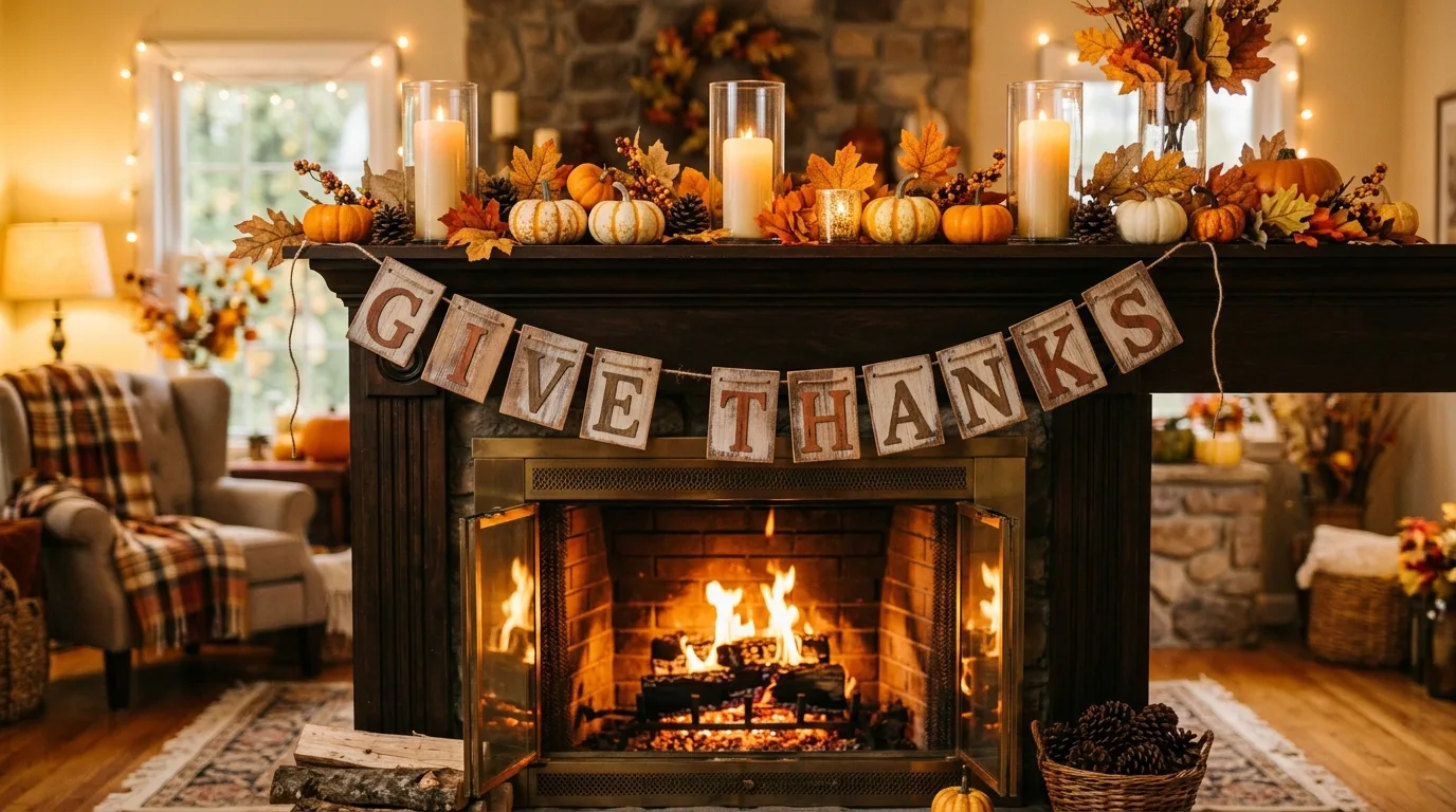 A Thanksgiving banner made from kraft paper pennants with warm hand lettering and mini pumpkin accents hanging across a softly styled mantel in golden autumn light, no people
