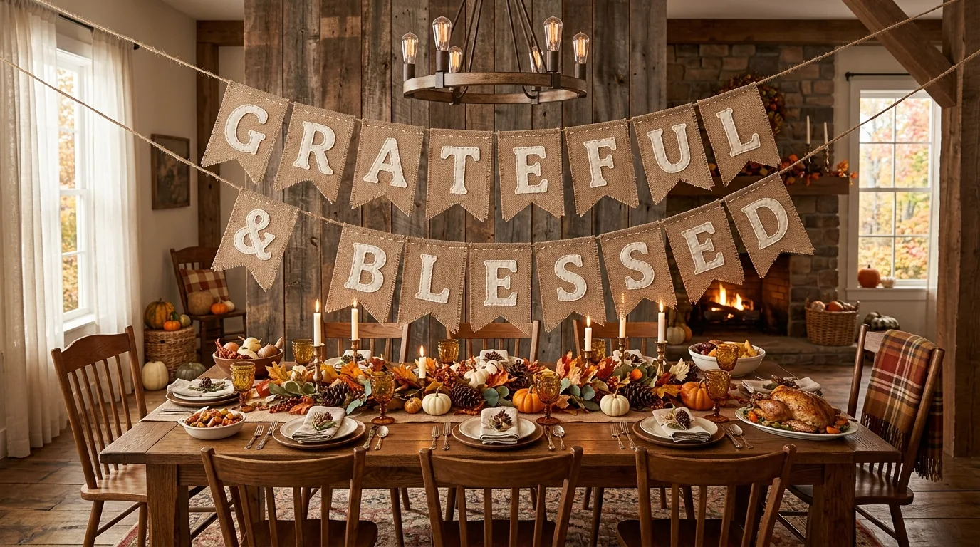 A burlap Thanksgiving pennant banner draped over a white farmhouse mantel with candles, muted leaves, and warm amber decor in soft indoor lighting, no people