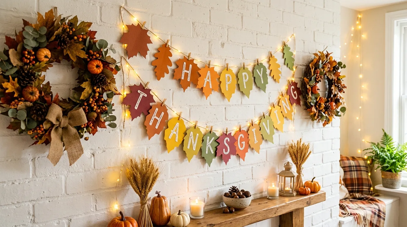 A black and cream Thanksgiving banner hanging across open kitchen shelves filled with neutral dishes, woven baskets, and autumn accents under bright daylight, no people