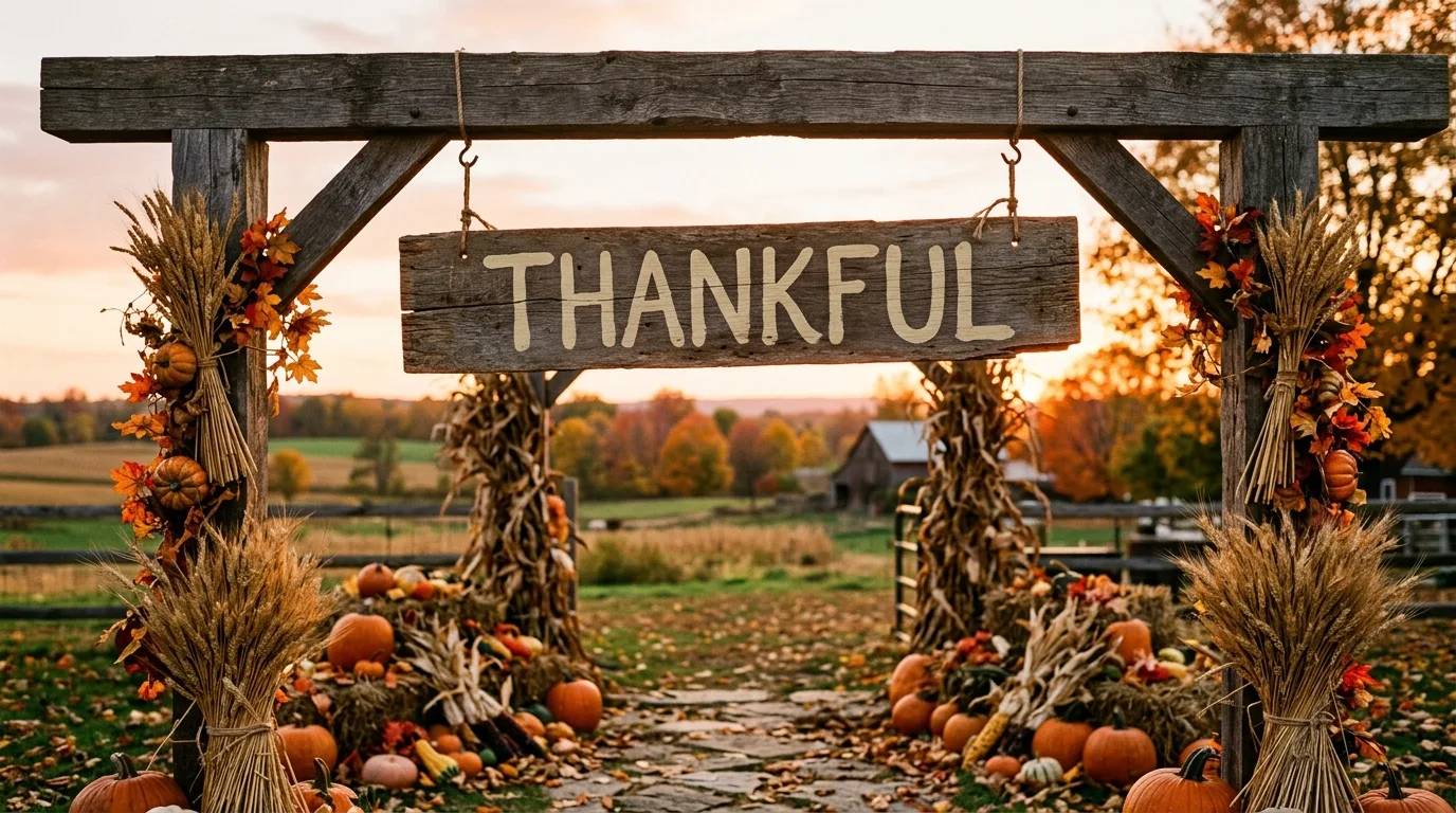 A Thanksgiving leaf banner draped across a porch railing with mums, lanterns, and a wood front door creating a festive autumn entry scene, no people
