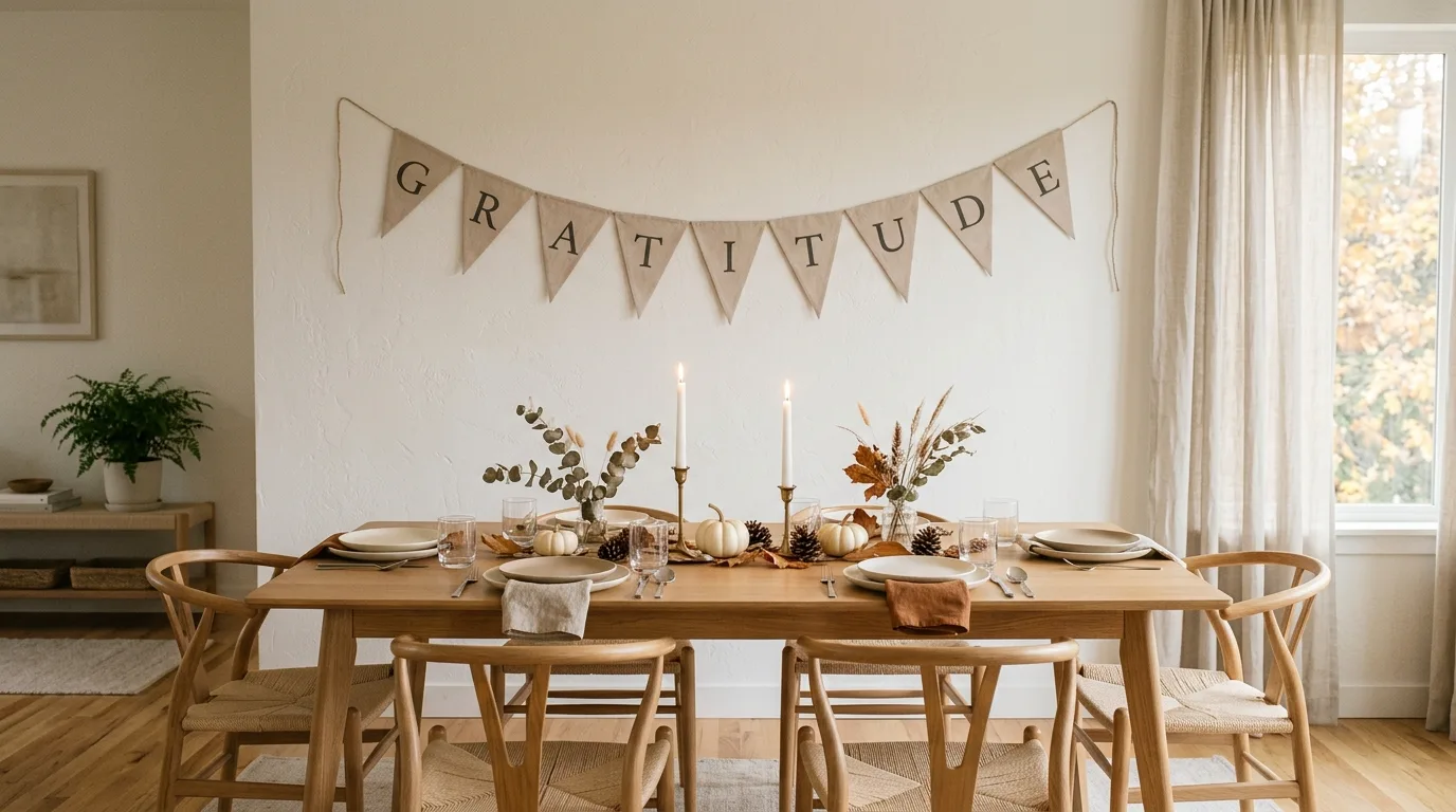 A plaid fabric Thanksgiving banner hanging above a dining room buffet styled with serving dishes, candles, and autumn branches in warm evening light, no people
