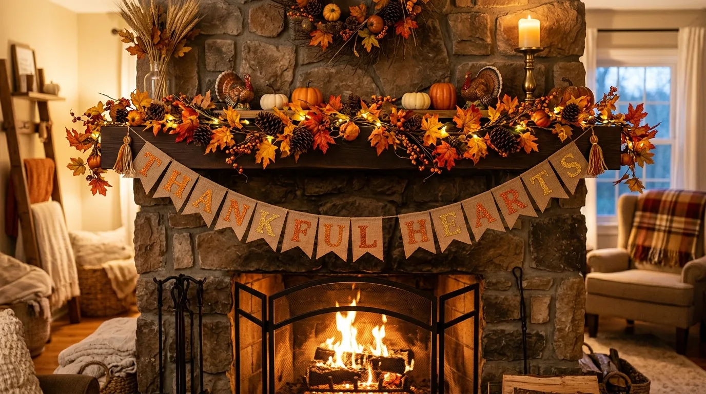 A gold script Thanksgiving banner displayed in a polished gratitude corner with candles, neutral pumpkins, and soft beige decor in gentle indoor light, no people