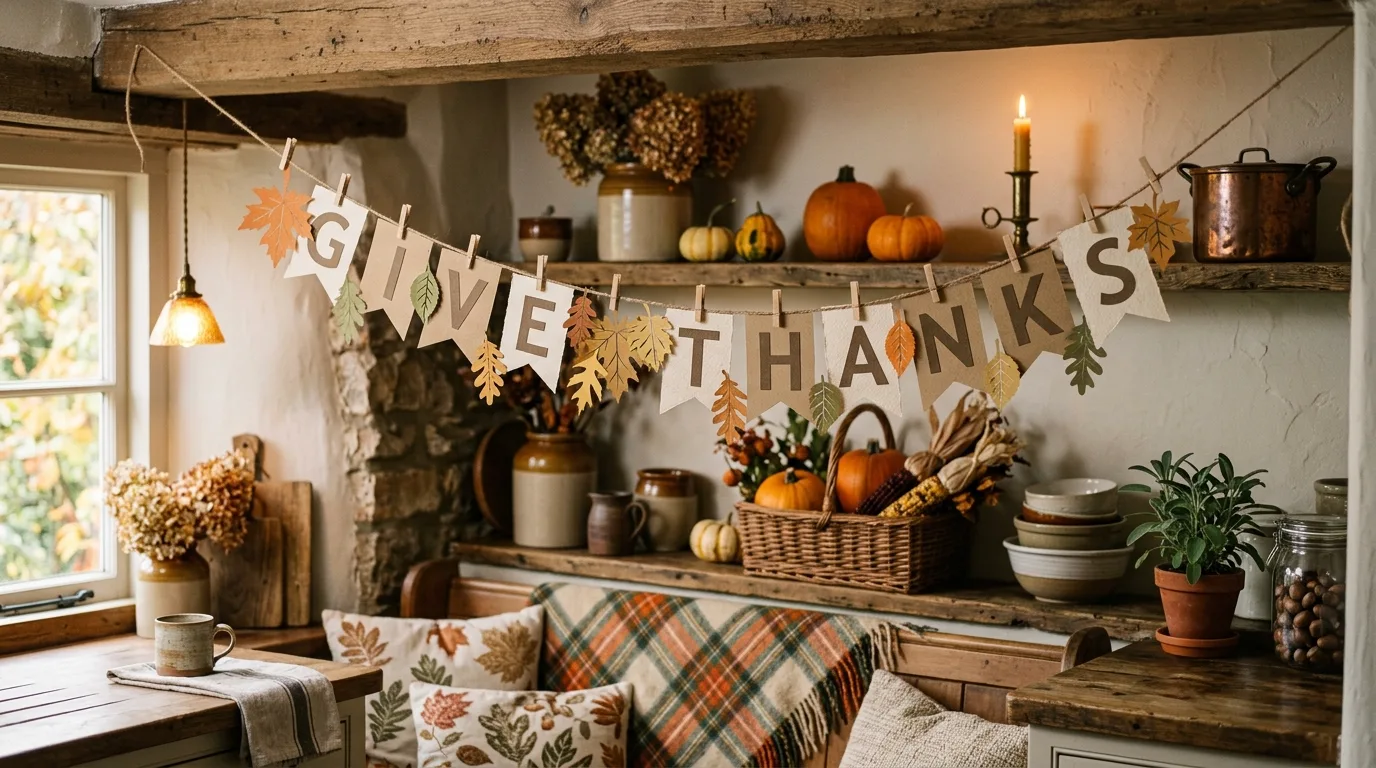 A neutral linen Thanksgiving banner decorated with eucalyptus and wheat hanging against a soft cream wall with layered autumn decor, no people