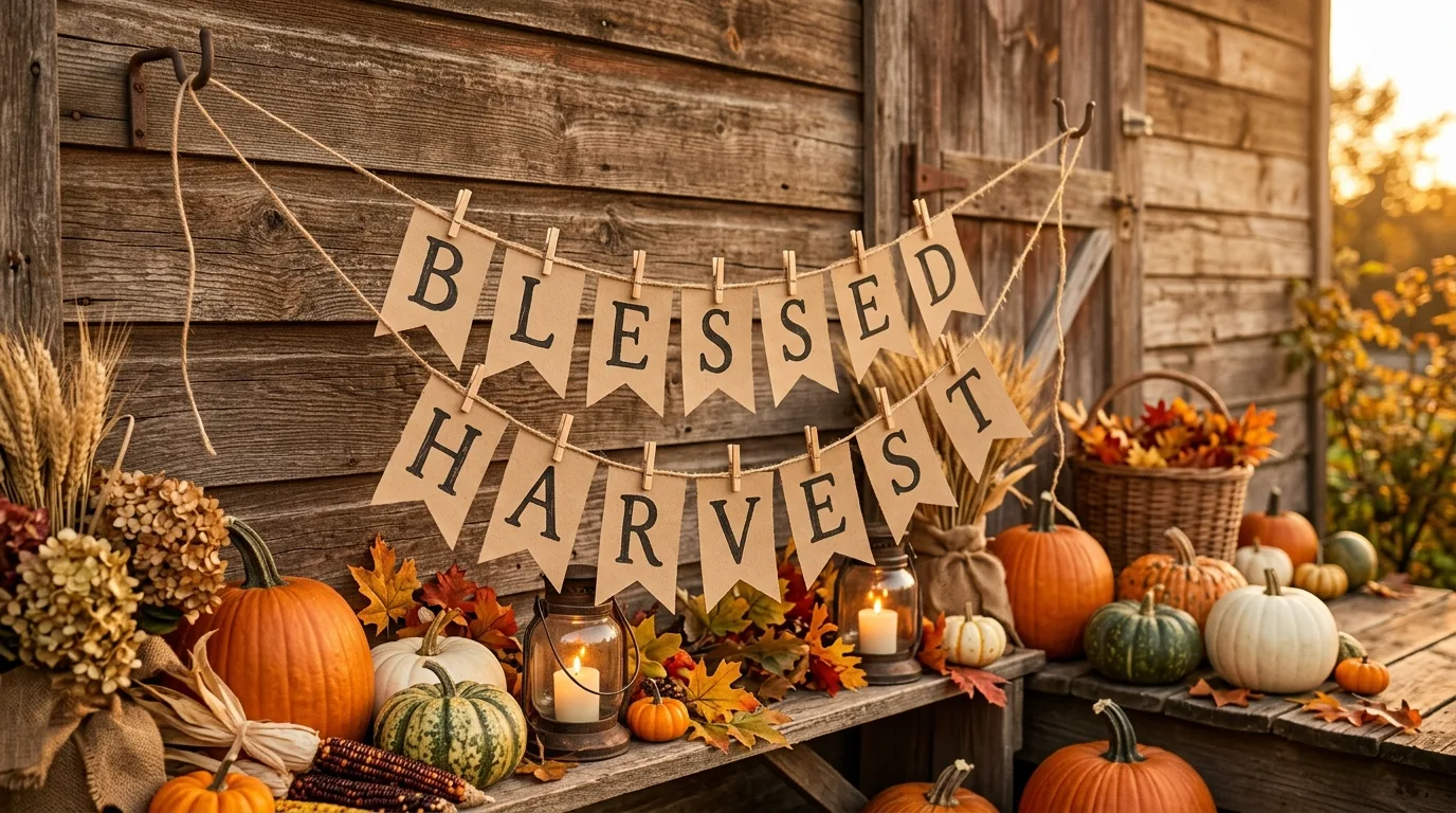 A hand painted Thanksgiving banner displayed above an entry console with framed family photos, candles, and autumn branches in warm household lighting, no people