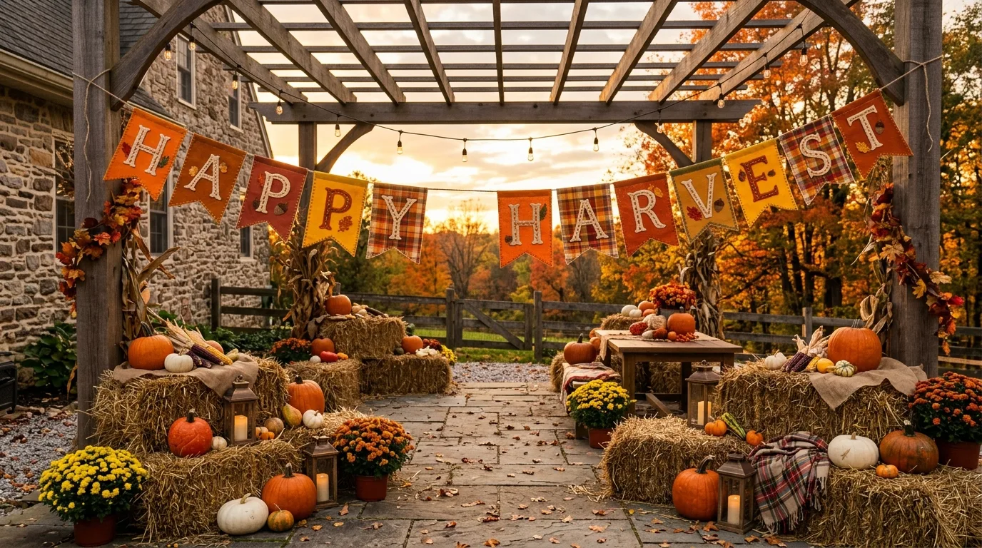 A Thanksgiving banner mounted against a barnwood backdrop above a buffet table with candles, pumpkins, and autumn florals in rich golden tones, no people