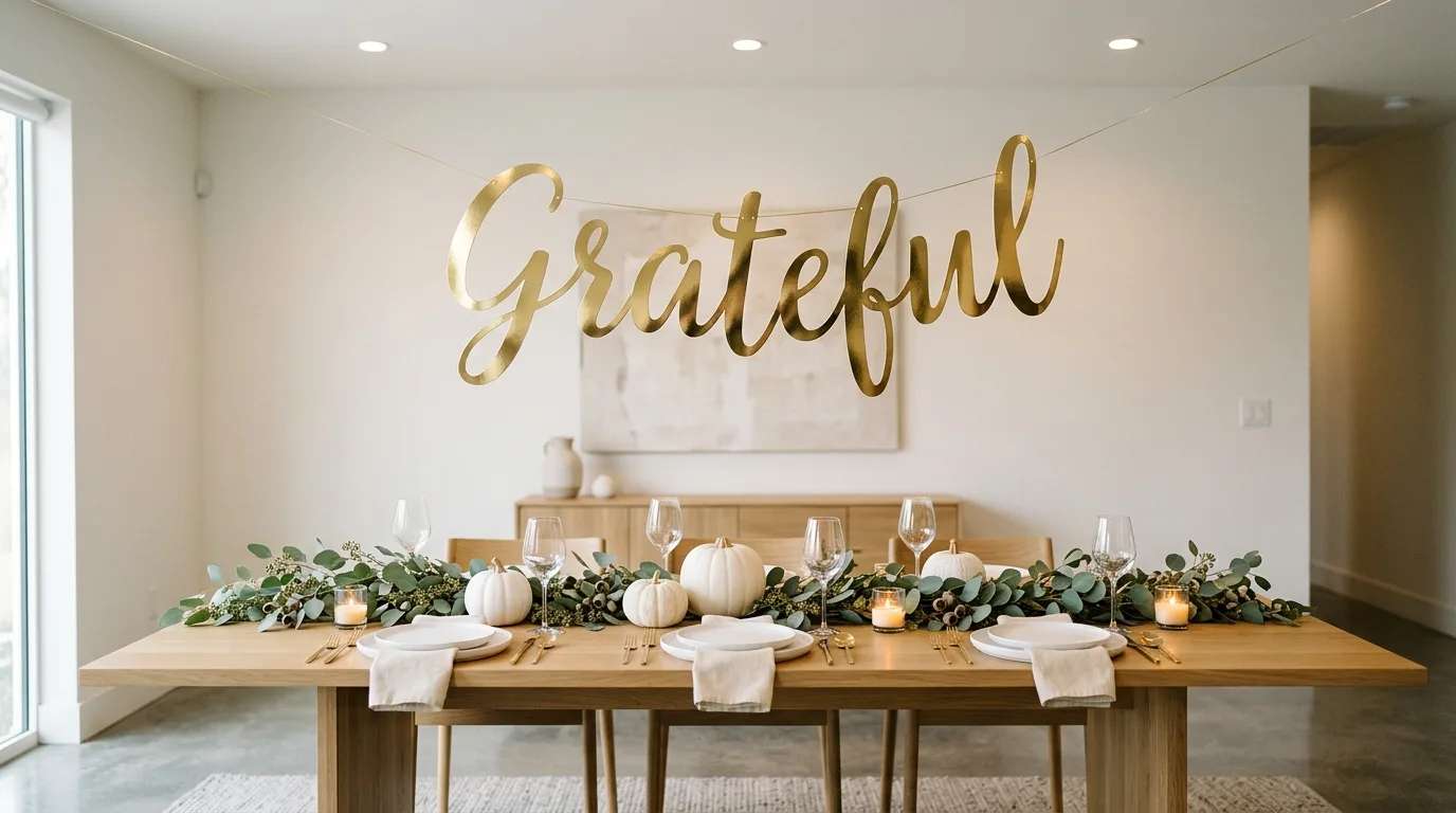 A layered Thanksgiving fireplace banner with ribbon and wheat accents spread across a mantel with candles and harvest decor under soft amber light, no people