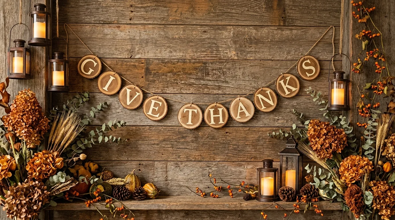 A copper toned Thanksgiving banner wrapped along a staircase rail with autumn leaves and warm indoor lighting creating a cozy seasonal hallway, no people