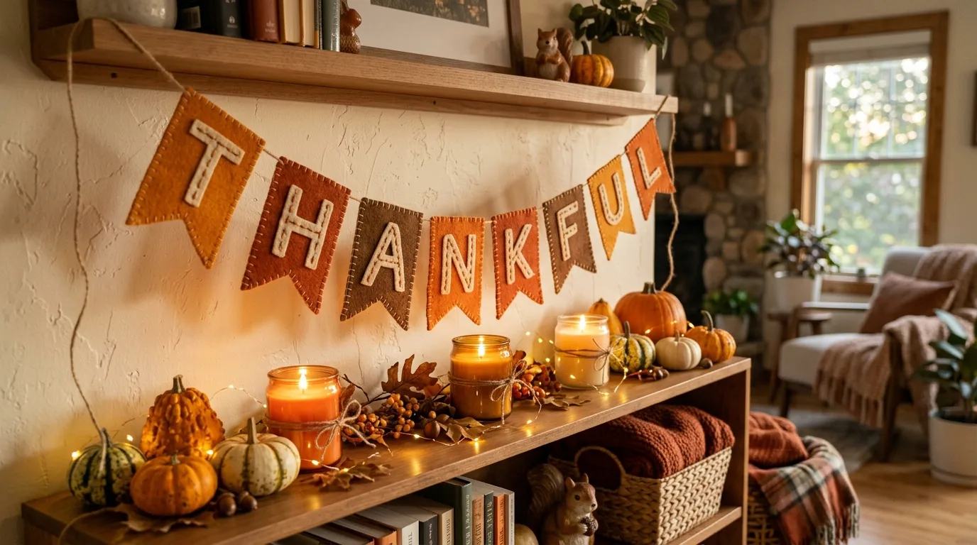 A Thanksgiving gratitude banner hung at a front porch entry framed by lanterns, mums, pumpkins, and layered doormats in bright fall daylight, no people