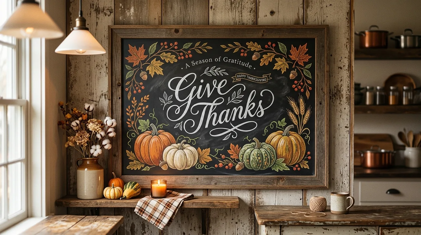 A Thanksgiving chalkboard sign with hand drawn pumpkins and a welcome message displayed beside a front door with autumn decor, no people