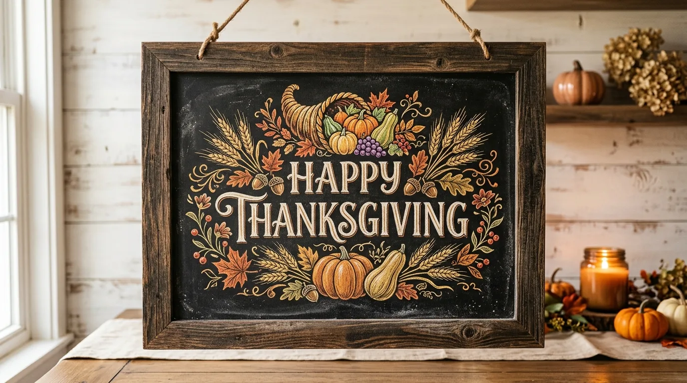 A kitchen chalkboard styled like a Thanksgiving menu with decorative lettering and seasonal doodles hanging on a cozy wall, no people
