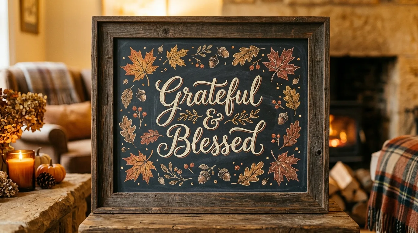 A Thanksgiving chalkboard art piece featuring a gratitude quote surrounded by hand drawn autumn leaves and decorative borders, no people
